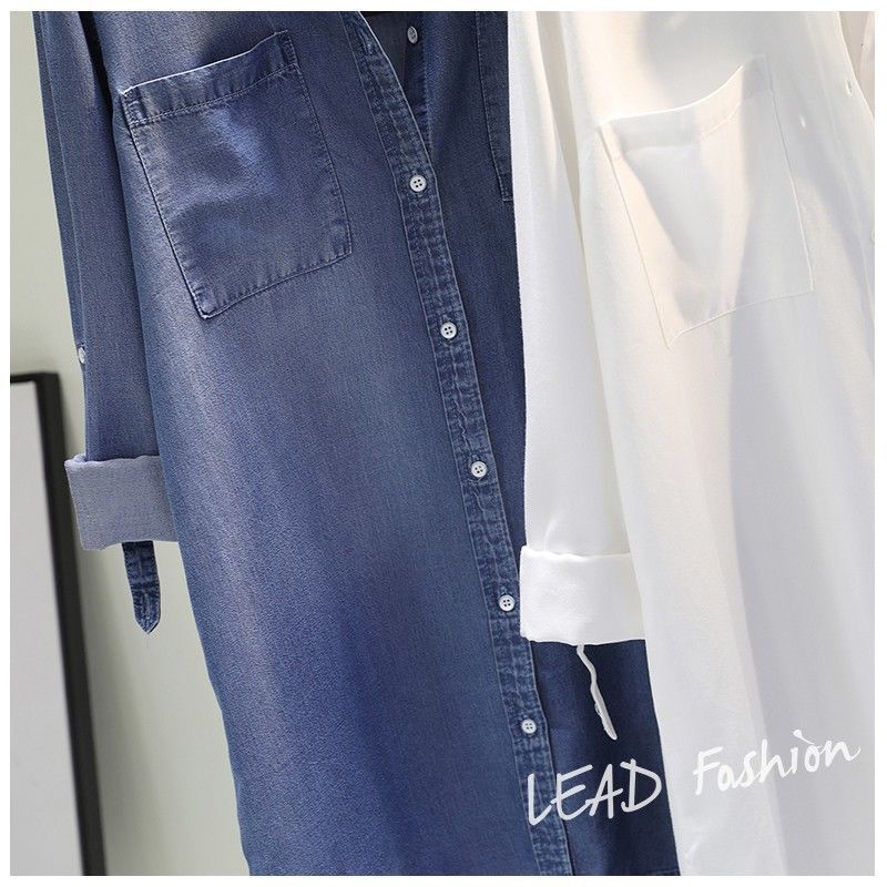 Spring Women's Clothing Shirt Medium Long Containing Cotton Shirt Loose Fit Long Sleeve Double Pocket Rolled Sleeve Thin Blouse