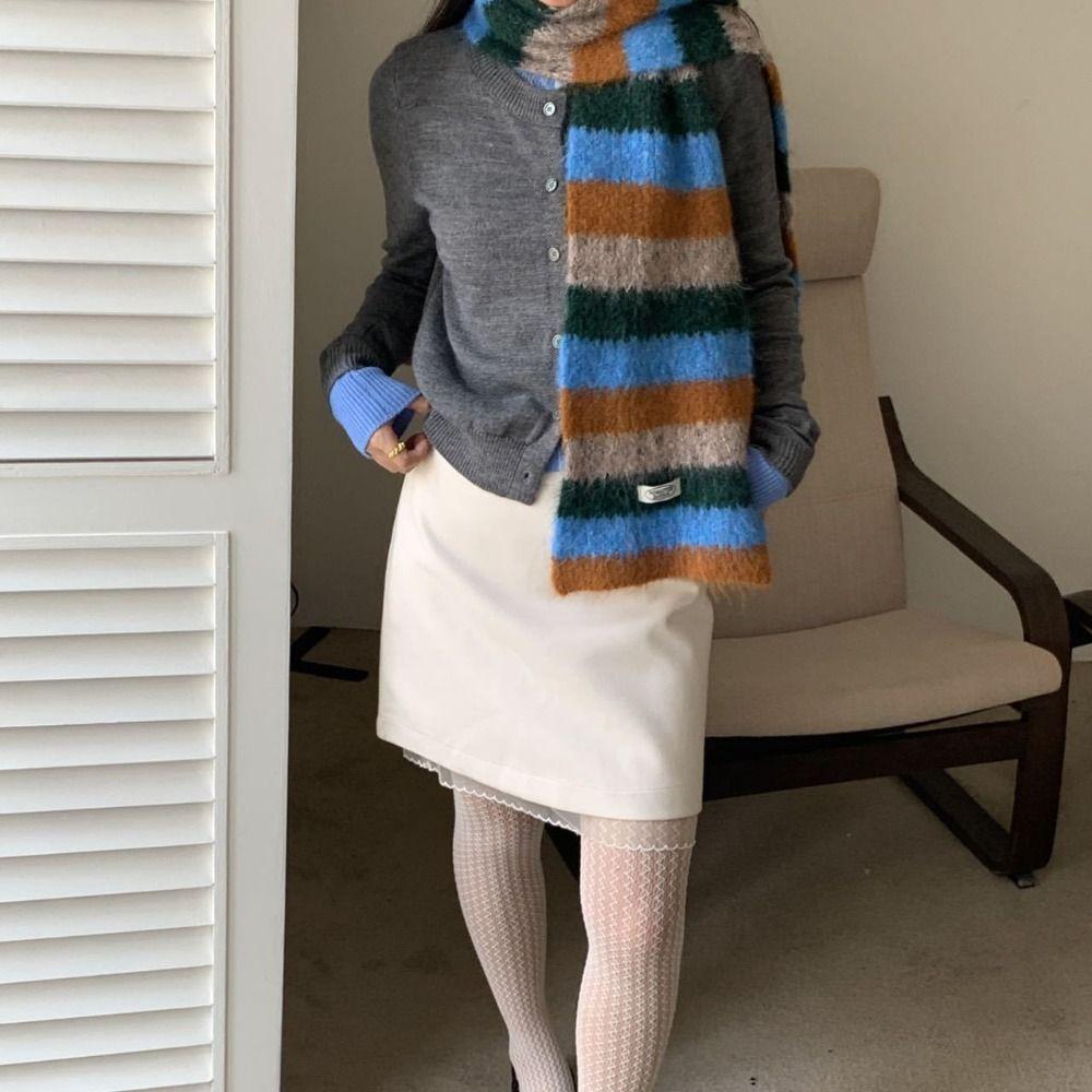 Preppy Style Stripe Scarf Plush Knitted Shawl Simple Plaid Wool Scarf  Girl