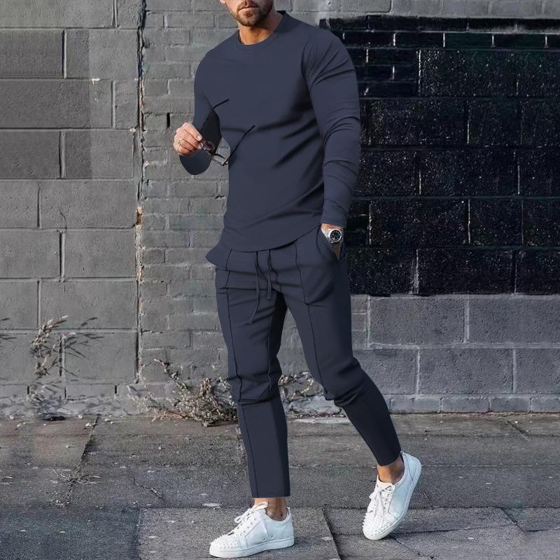 Casual And Comfortable Spring And Autumn Men'S Solid Color Casual T-Shirt Long Sleeved Shirt Long Pants Set Sportswear Hoodie Two-Piece Set