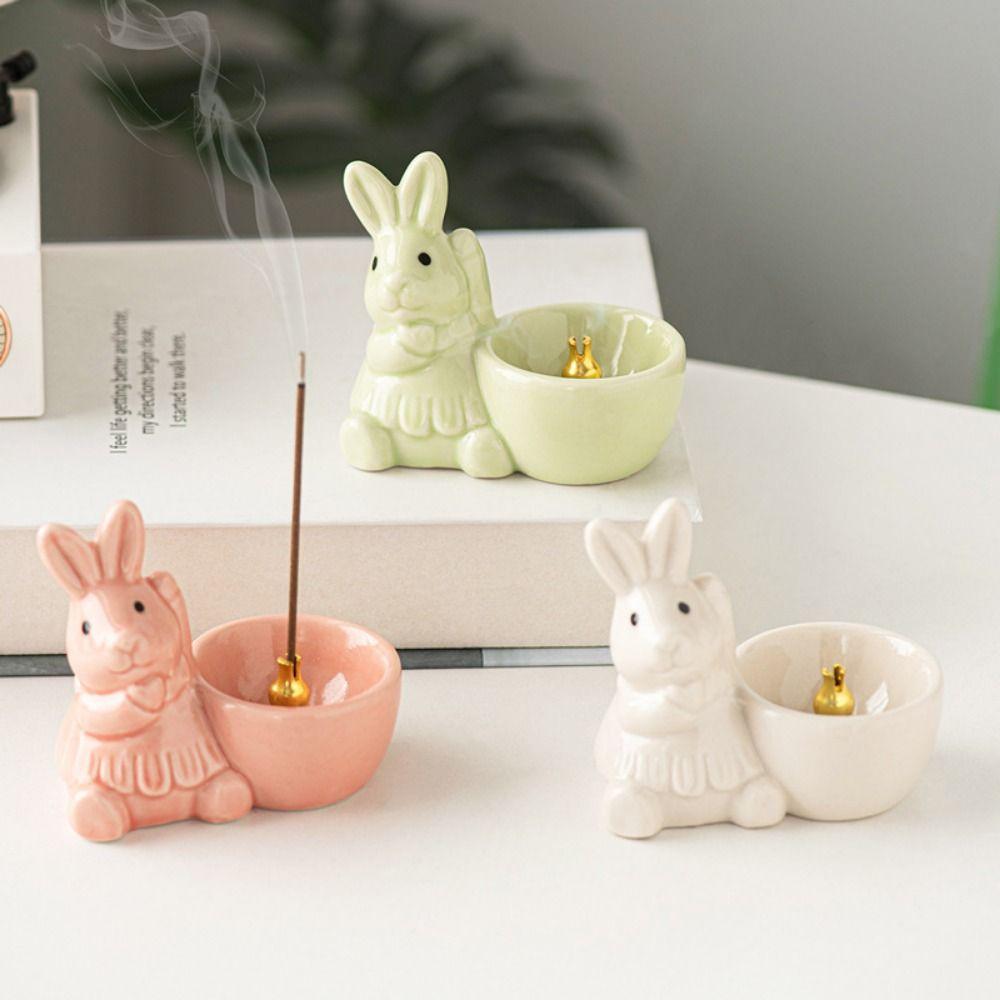Cute Rabbit Incense Holder Unique Ceramic Aromatherapy Tray Little Rabbit Incense Stove Gift