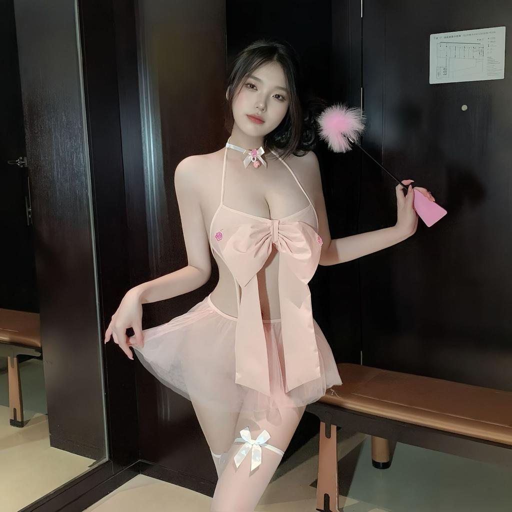 Pink bow three-point erotic underwear pure desire temptation splicing mesh perspective free