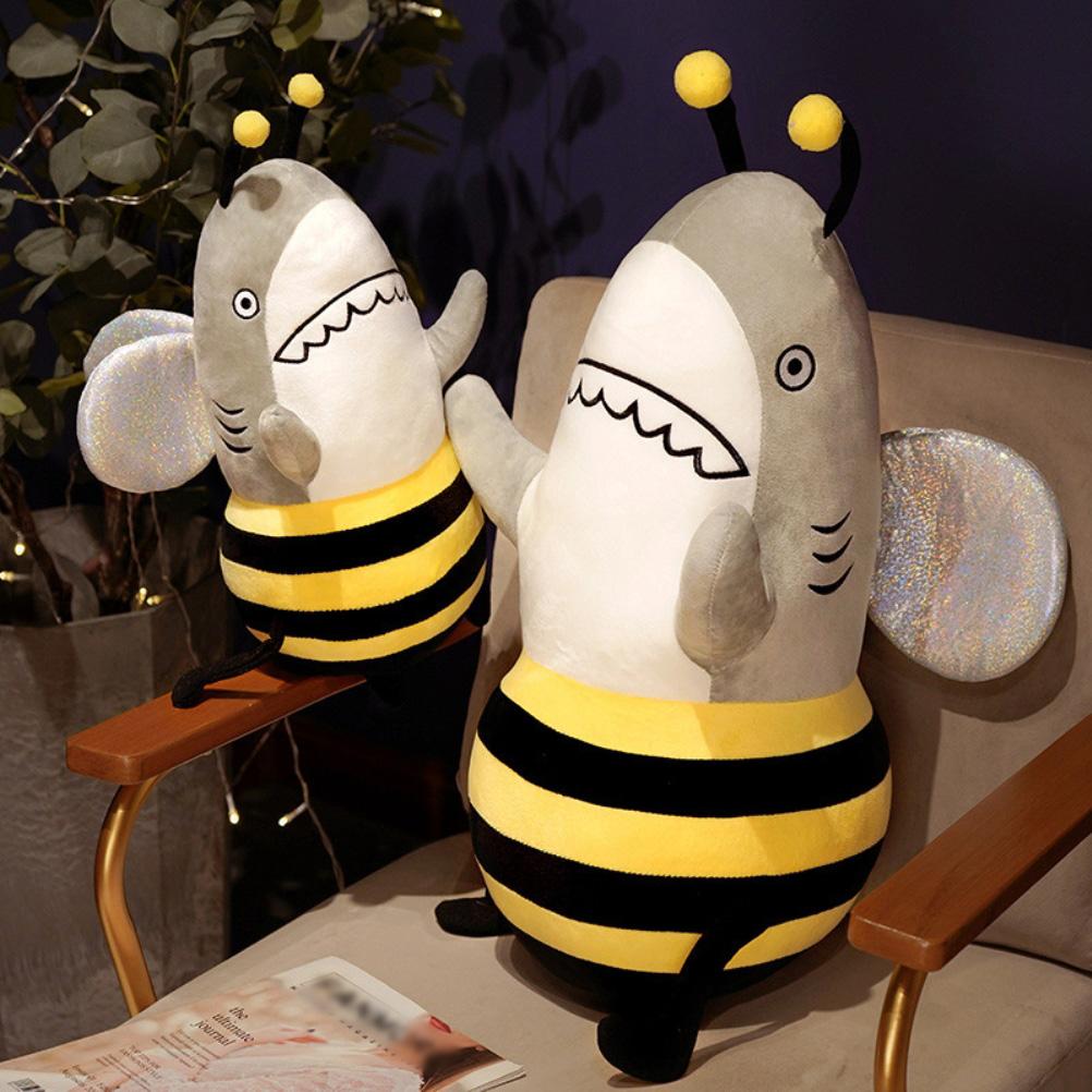 Bee Shark Plush Toy Cartoon Stuffed Animal Fluffy Doll Throw Pillow Home Decorations Kids Birthday