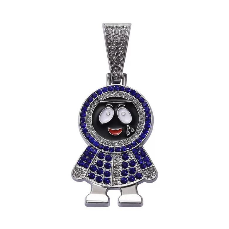 9MM Cuban Link Chain with Snowman Pendant, Rhinestone Blue, European American Hip Hop Jewelry.