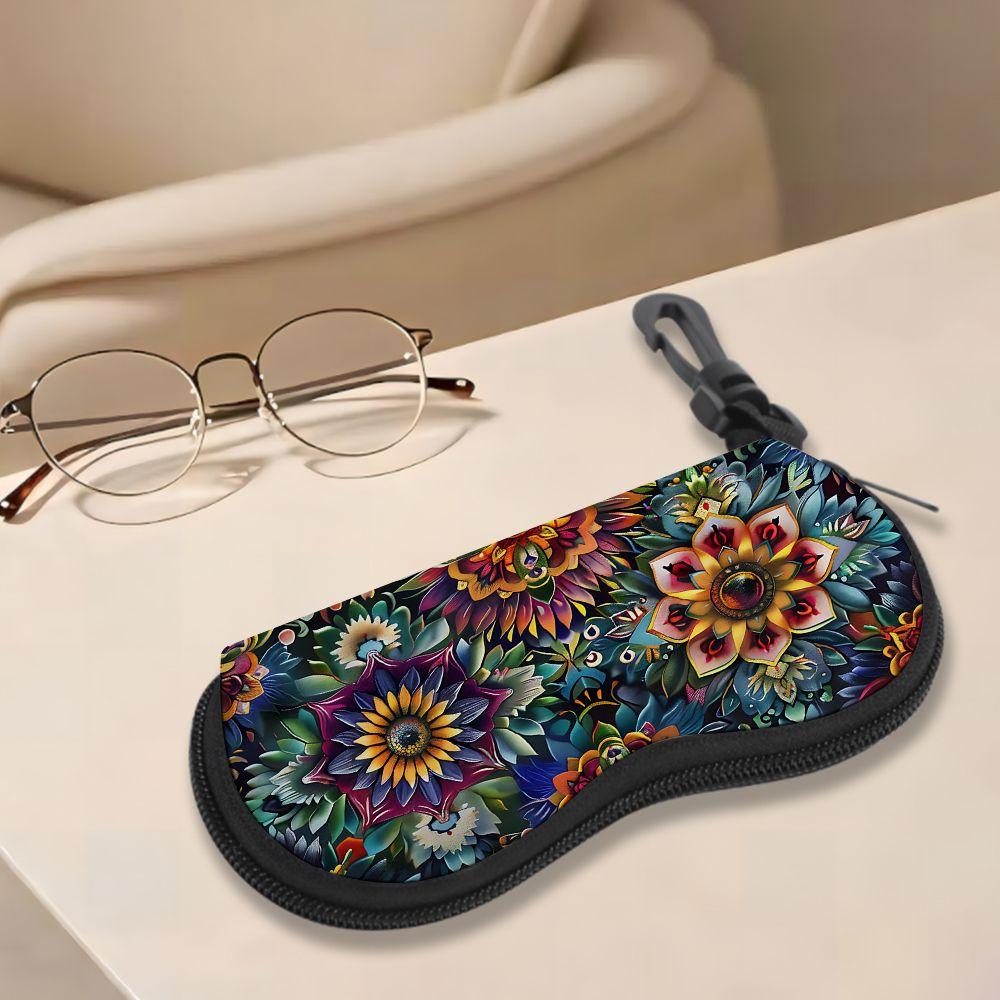 2D-Boho Floral Pattern Zipper Sunglasses Case, Vintage Mandala Print Eyeglasses Protective Holder, Portable Travel Eyewear Organizer for Women Men