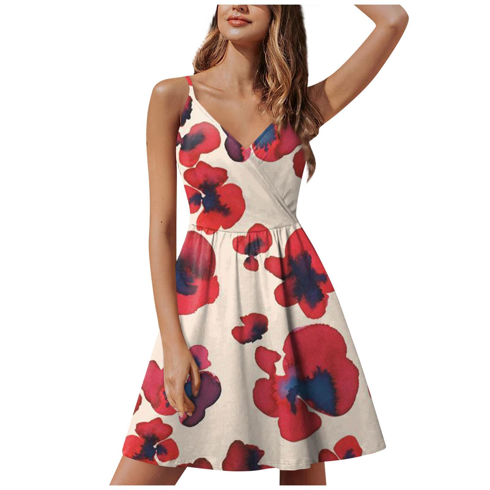 

(SU)Женское летнее повседневное модное платье без рукавов с v-образным вырезом и разрезом с цветочным принтом