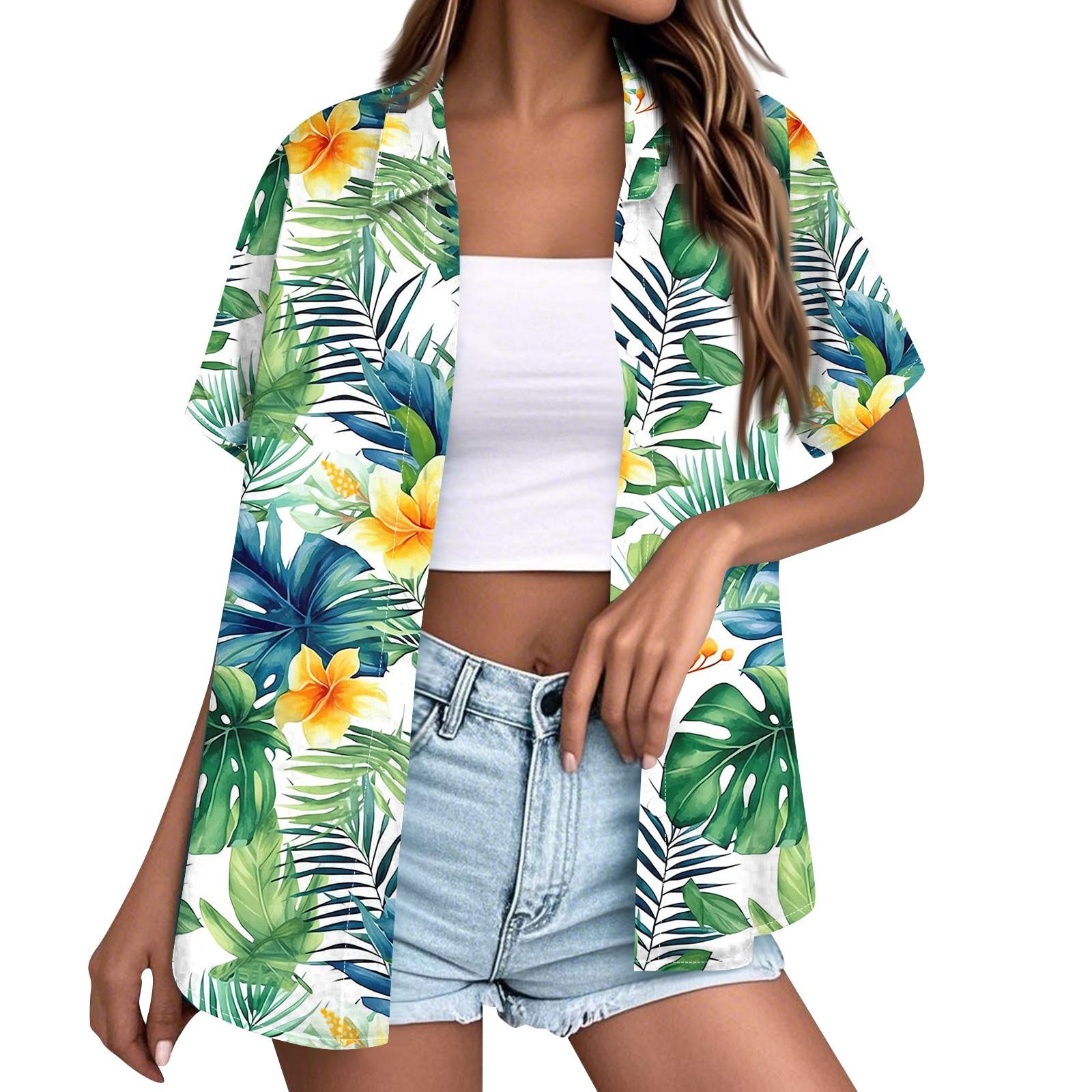 Women s Fashion Casual Hawaiian Printed Short Sleeve Buttoned Lapel Blouse Top XXL синий