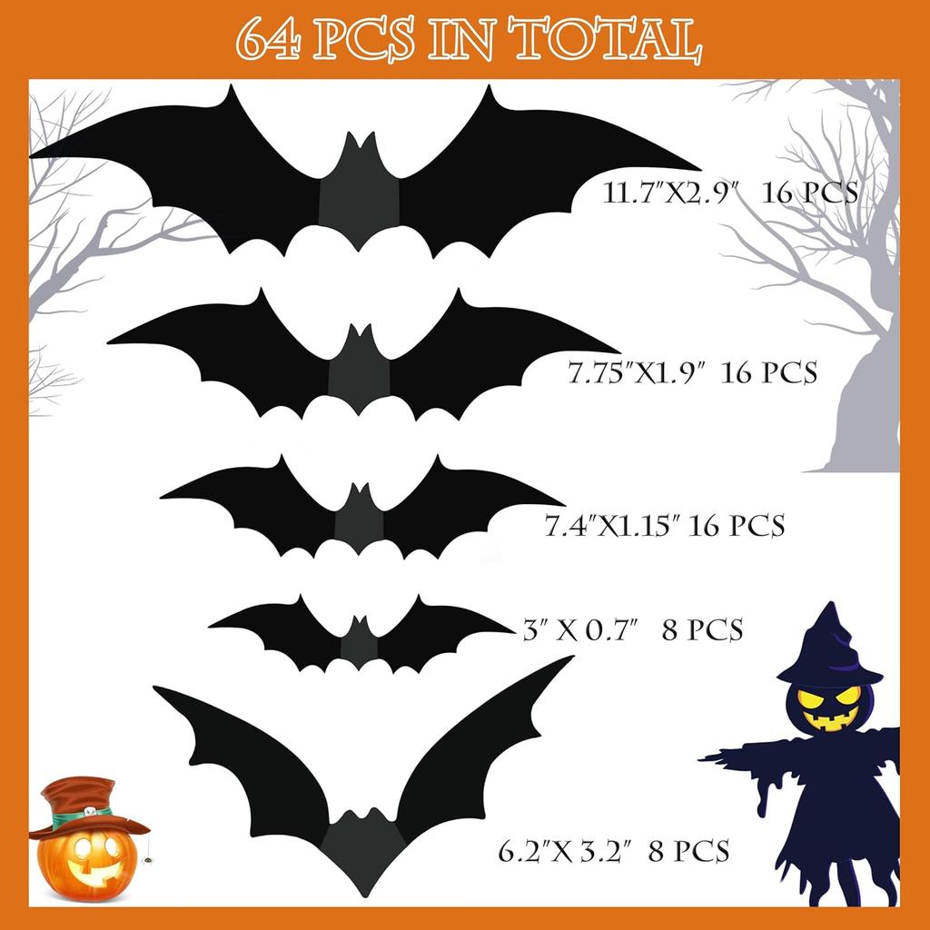TDHDIKE Halloween Decorations Bats Wall Decor Halloween Party Decorations Indoor Outdoor Decor Supplies, 64 Pcs Reble PVC 3D Black Bats Stickers for