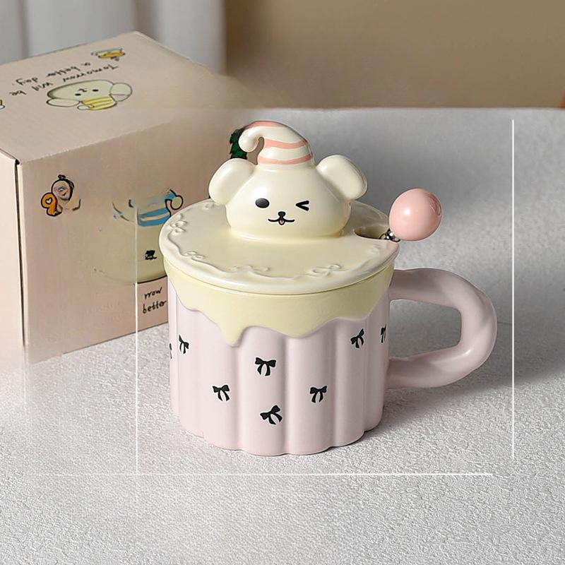 Cremiger Welpe Besonders Schöne Frühstückstasse mit Deckel Löffel Große Kapazität Tasse Niedliche Kindertasse Keramik
