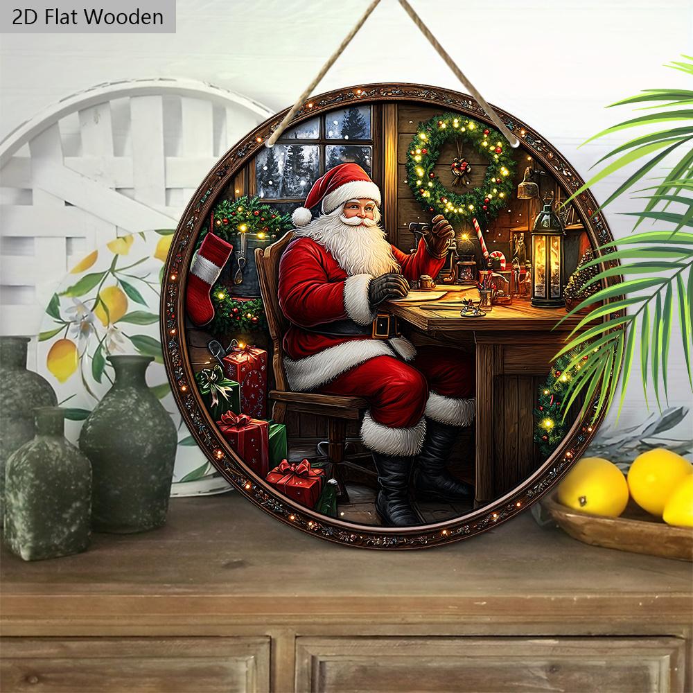 Rustic Wooden Christmas Sign with Santa Claus Pattern - Navidad Round Wreath Sign for Yard Door Wall Hanging Decor - Ideal Christmas Decoration