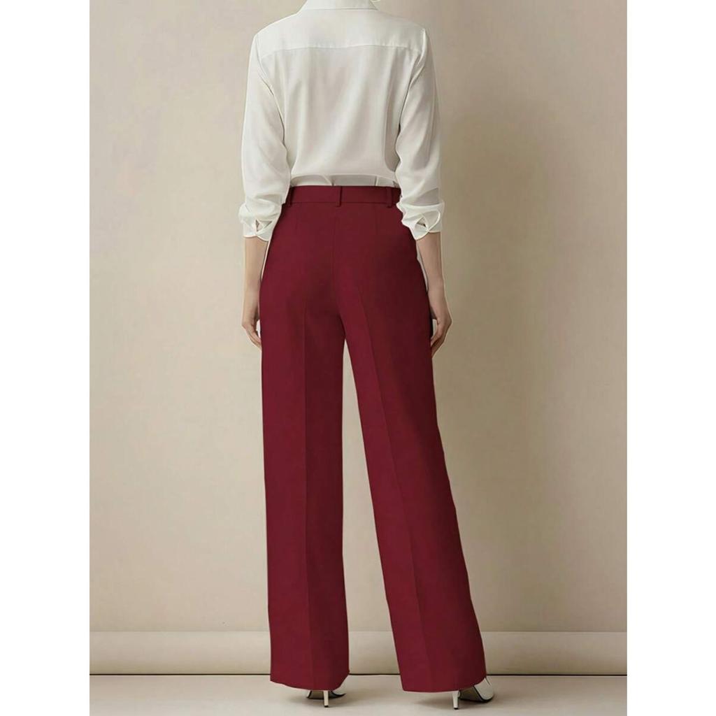 Jednokolorowe spodnie casual, Damskie spodnie z wysokim stanem, plisowane, luźne, Spodnie do pracy