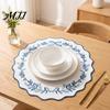 Heat Resistant Table Mats for Hot Dishes Embroidered Round Placemat, 15 Inch Scalloped Leaf Bow Embroidery Durable Fabric Kitchen Washable Insulation
