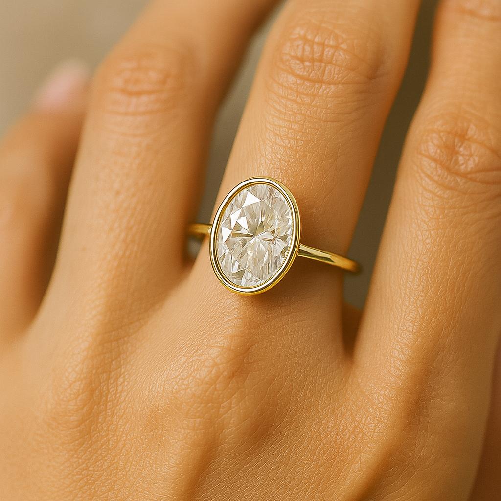 Oval Cut Solitaire Engagement Ring, Bezel Set Yellow Gold Plated Band, Minimalist Bridal Jewelry, Promise Ring for Her