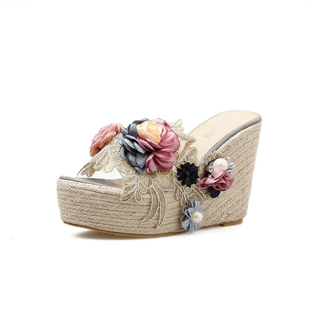 Fashion Sexy Peep Toe Platform Wedge Sandals Flower Pearl Mesh Hemp Rope Woven Thick Bottom High-heeled Slippers Women Roman Shoes