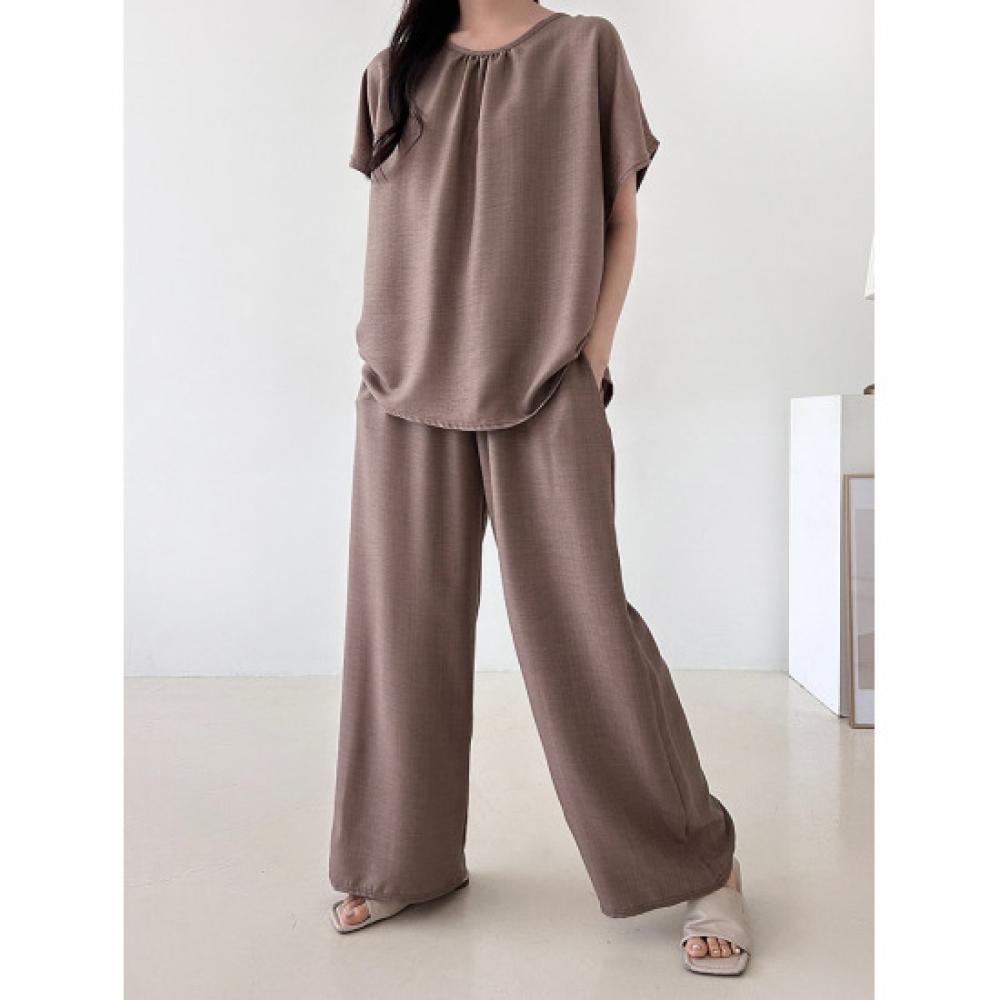 Shop Women Round Pleated Loose Fit Short Sleeve Blouse Wide Pants Set Ara wSet