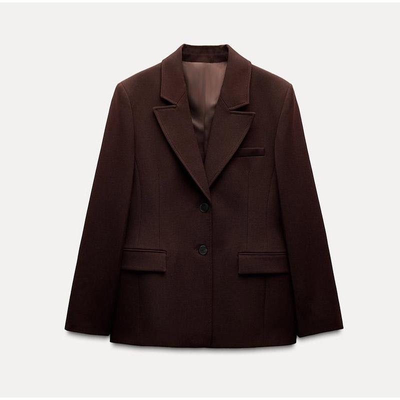

Elegant Women Solid Color Blazer Shoulder Pad Cinched Waist Suit Jacket Long Sleeve Turn-Down Collar 2026 Spring Office Lady Outerwear S коричневый