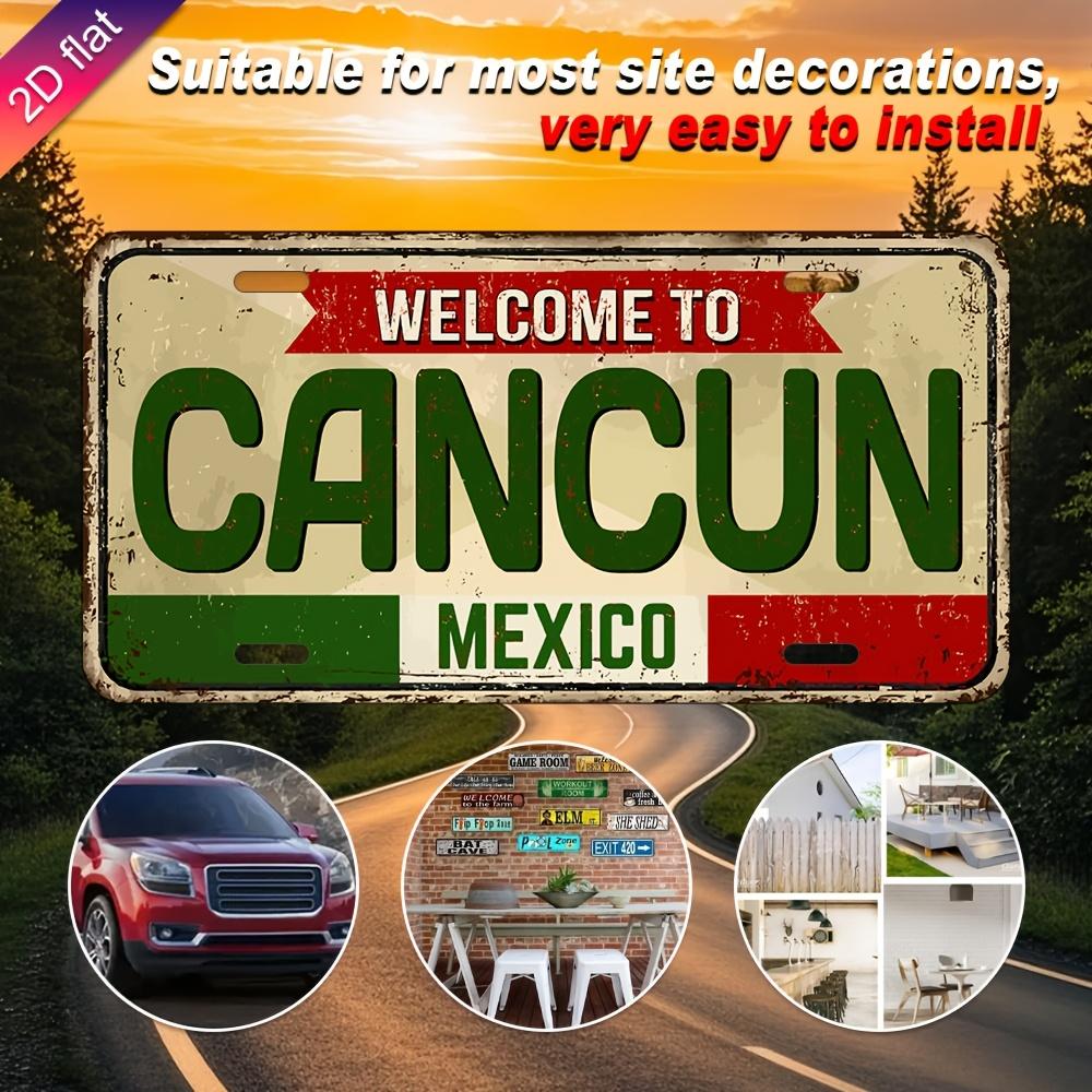 Aluminum Metal License Plate Wall Decor - UV Printed  Cancun Mexico Design with Green/Red/White Stripes,  Indoor/Outdoor Holiday