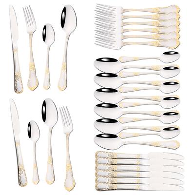 8/32Pcs Mirror Polished Flatware 304 Stainless Steel Vintage Sunward Flower Silver Dinnerware Set Knife Fork Spoon Cutlery Kitchen Tableware Set