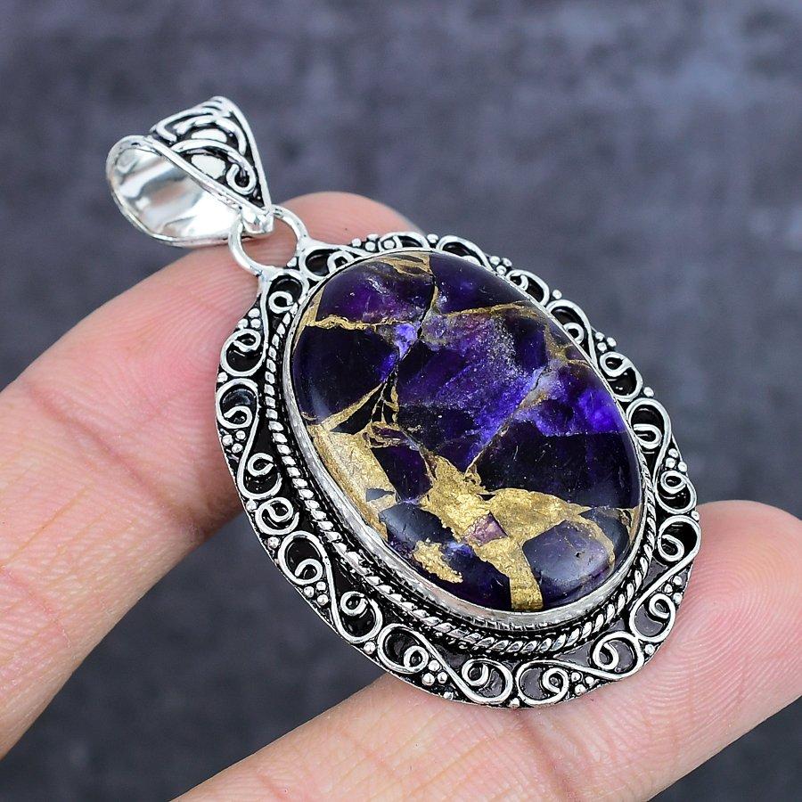 Natural Copper Amethyst Gemstone 925 Sterling Silver Jewelry Pendant 2.21" ETC-14002