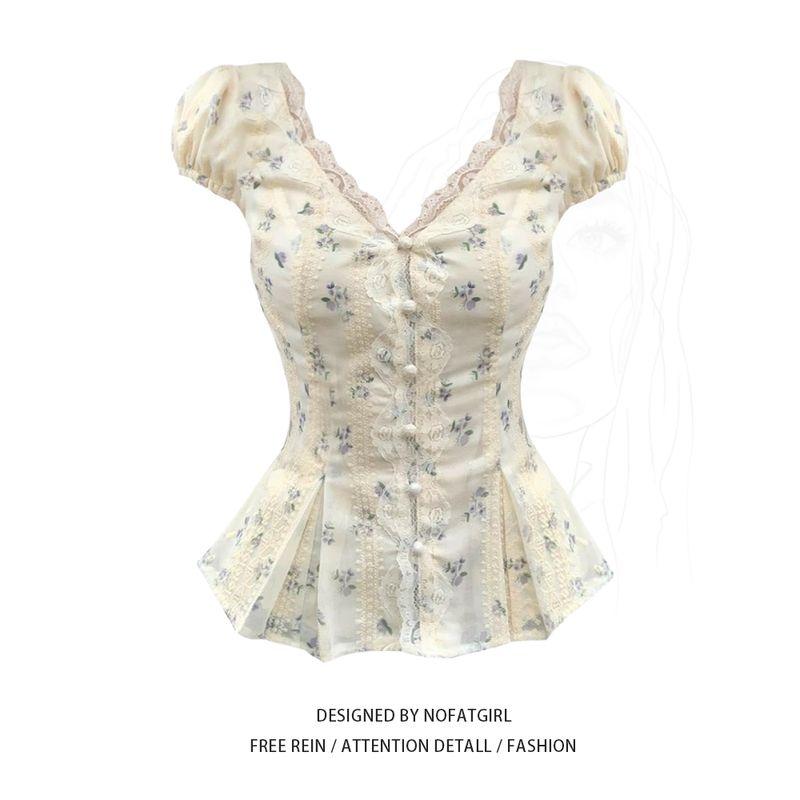 

Plus size Chubby Girl French style Elegant High Sense V-neck Lace Waist Hugging Shirts Women Unique Beautiful Top Floral Shirt M