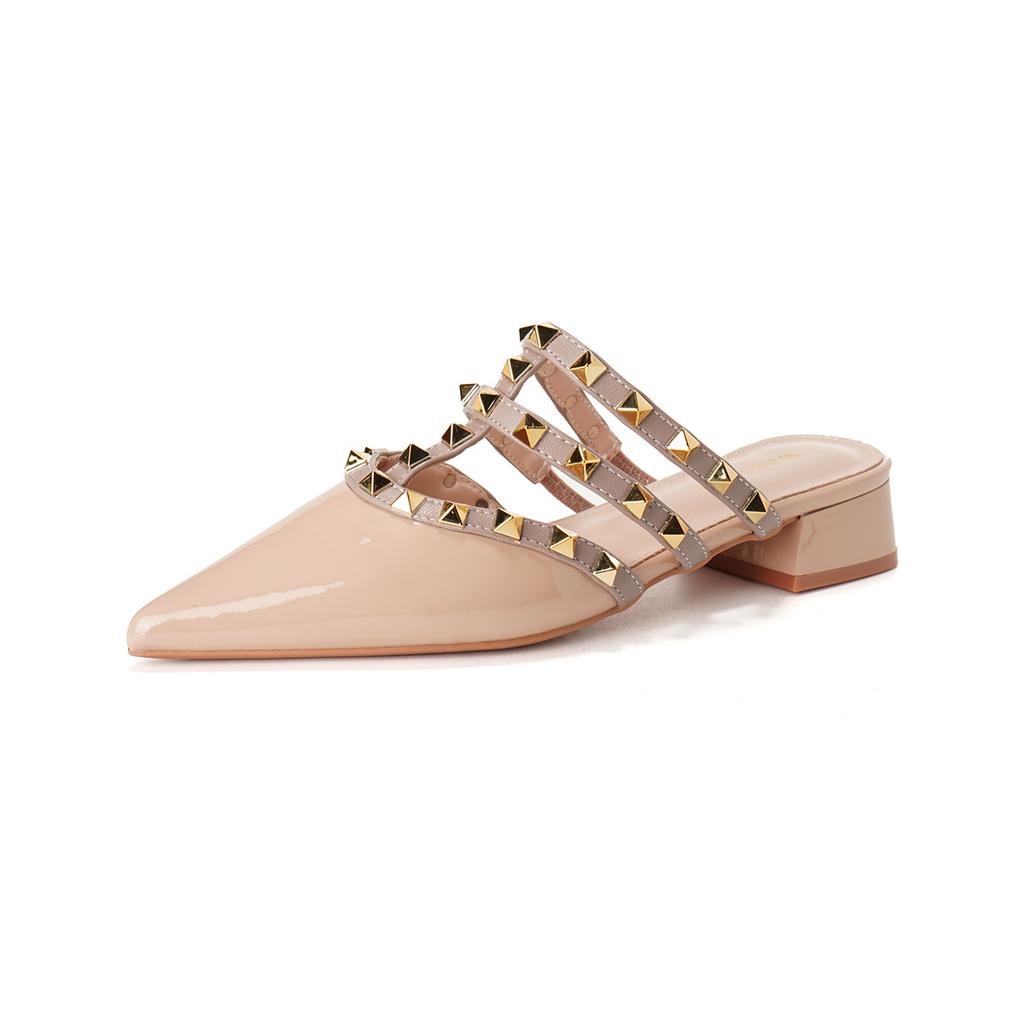 Riveted Thick-heeled Half-slipper Women's Summer French Shoes Pointed Fairy Flip-flops