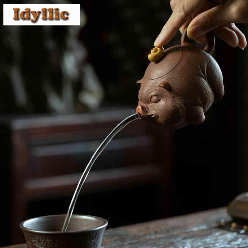 200ml Elegant Yixing Purple Clay Teapots Handmade Animals Ingot Pig Pot Raw Ore Purple Gold Mud Kettle With Filter Zisha Tea Set