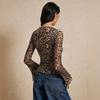 Women's new square neck leopard print mesh long-sleeved T-shirt women's horn sleeves waist thin versatile top