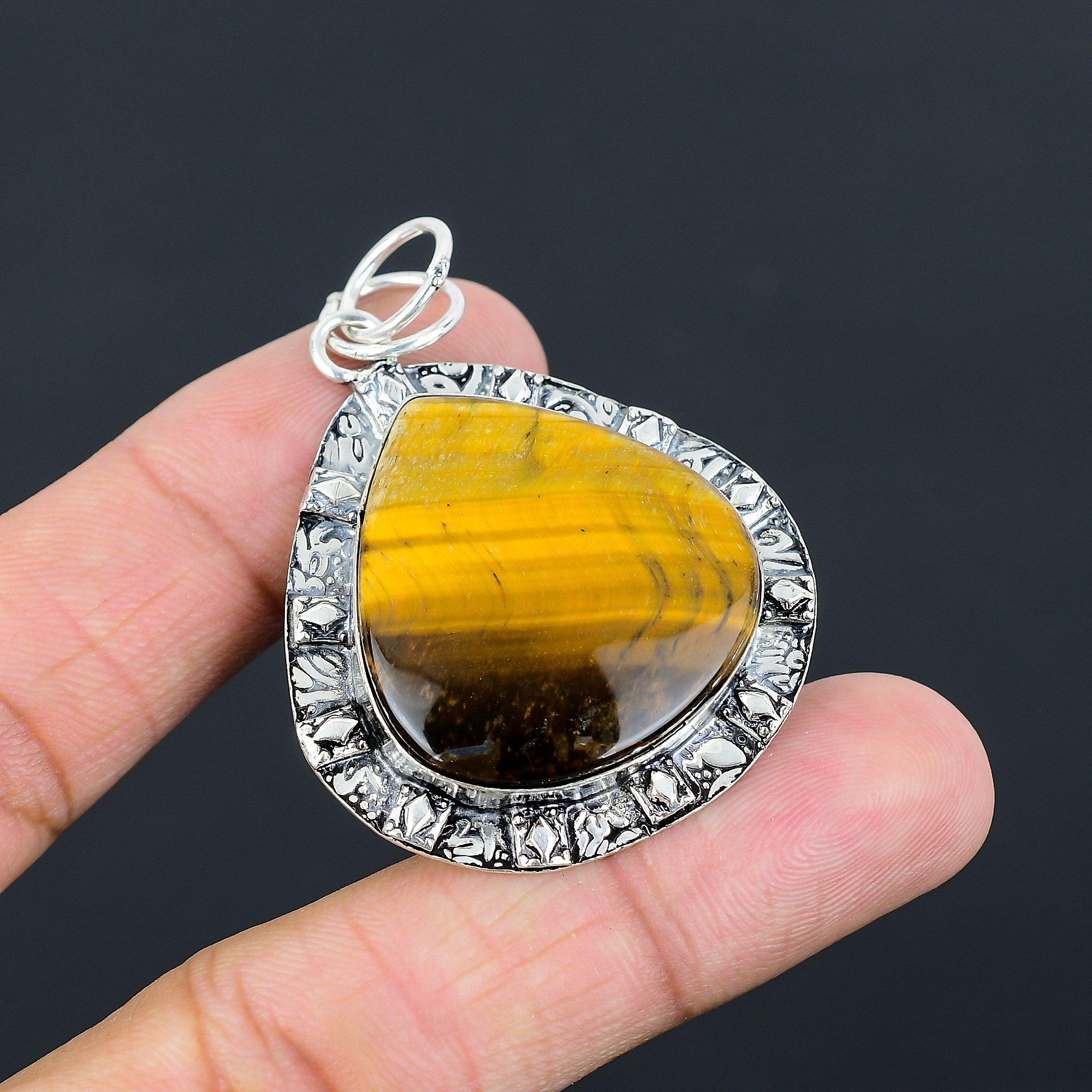 Daughters Day Deal Sterling Silver Natural Tiger Eye Mother Bezel Ethnic Pendant