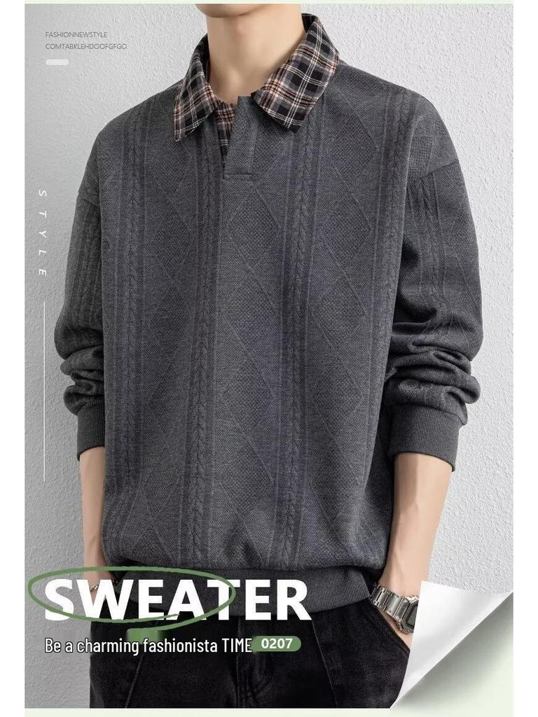 Men's Trendy Textured Hooded Sweatshirt and Jacquard Lapel Polo Shirt - Youth Casual Spring/Autumn Style