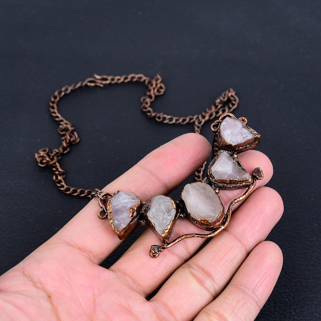 Rose Quartz Necklace, Gemstone Copper Electroformed Handmade Wonderful Jewelry Necklace, Gift for Introverted