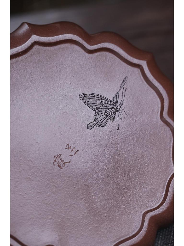 Butterfly Fragrance Zisha Tea Tray: Handmade Relief Carved Dry Brewing Kettle Holder in Retro Style
