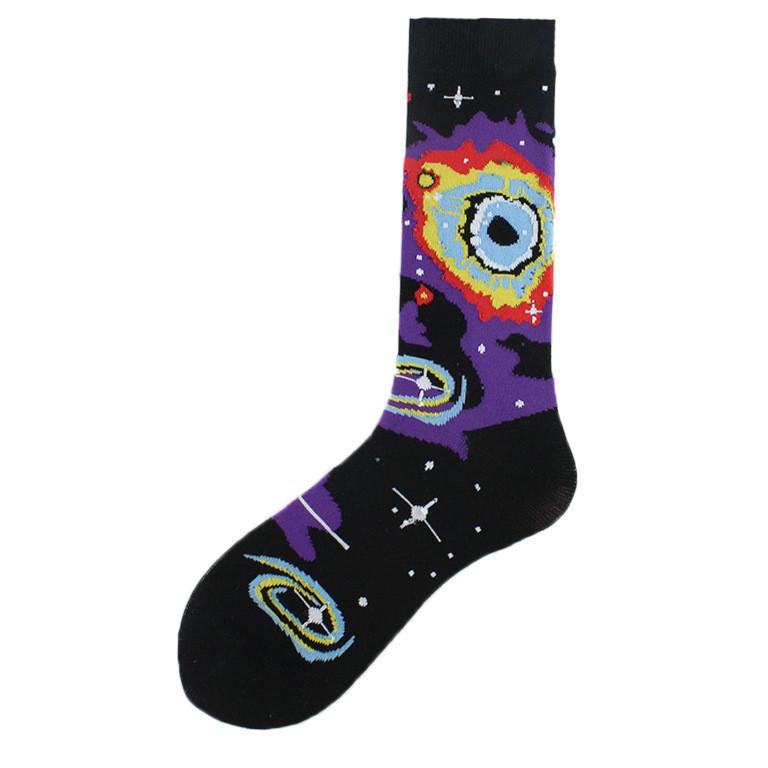 Happy Funny Unisex Painting UFO Astronaut Outer Space Rocket Men Crew Socks Male Boys Streetwear Cotton Causal Skateboard Sox