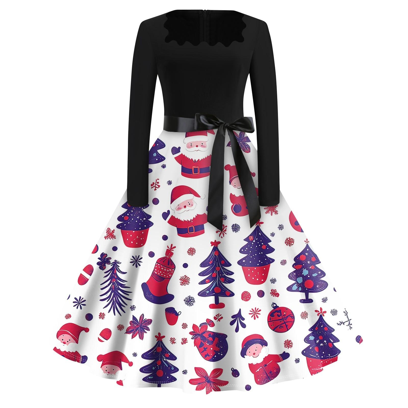 Рождественский принт расклешенное платье для женщин платье с длинным рукавом ажурное — фото 10