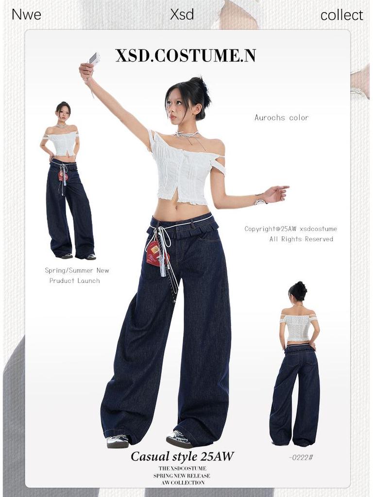 2025 Spring Women's Ruffle Edge Double Waist Saber Pants In Washed Spicy Street Style