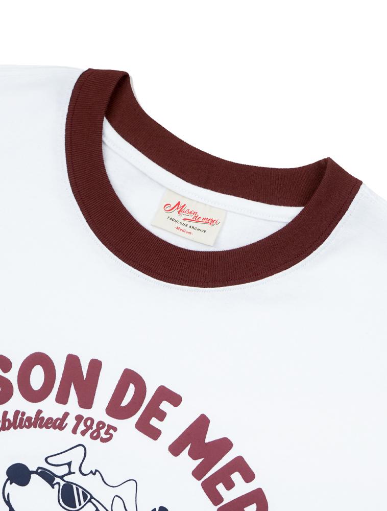 LA MAISON STUDIO Unisex Oversized Puppy Surfing Ringer Short Sleeve T-Shirt White Dark Red (Fce2Ts401M)