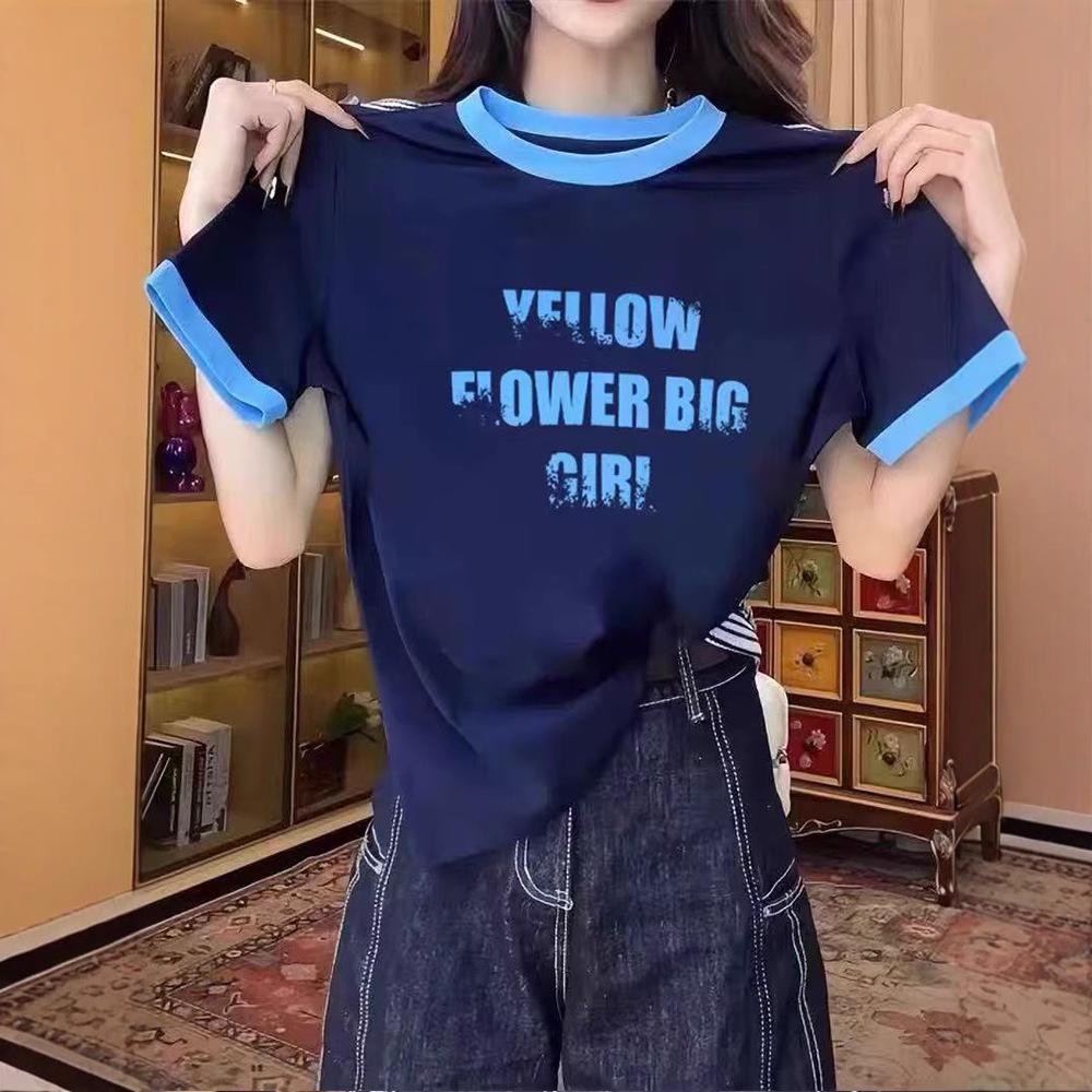 Summer New American Front Shoulder Simple Letter Printing Design Sense Color Matching Short-sleeved T-shirt Women's Casual Versatile Top