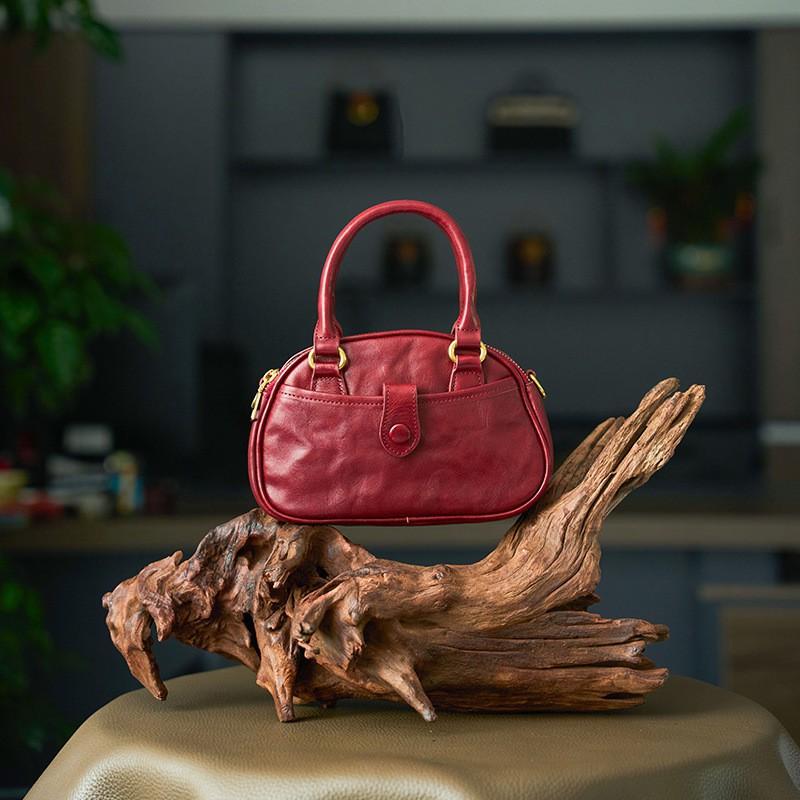 

Handmade Genuine Leather Bowling Bag Women Vintage Full Tree Cream Vegetable Tanned Cowhide Handbag Versatile Crossbody 23x6x14CM вино красного