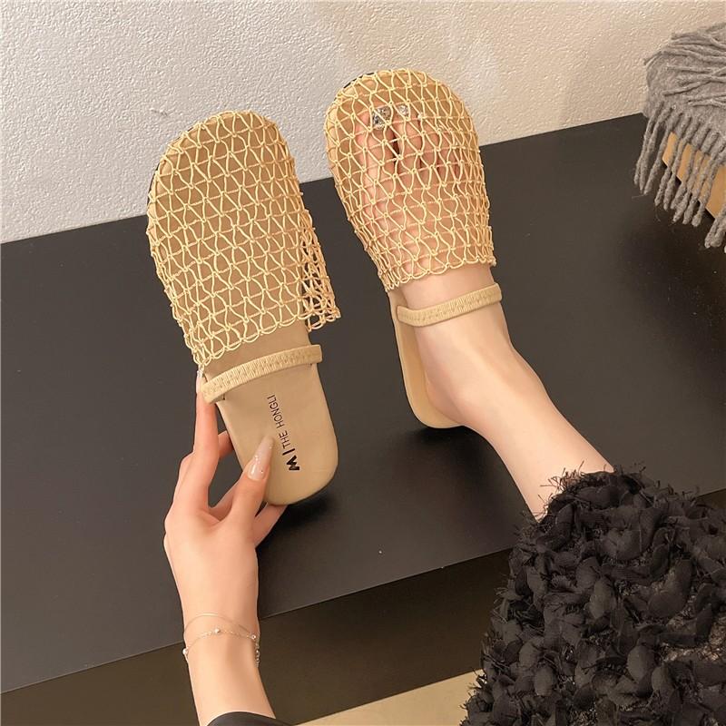 Fashion French Style Mesh Trimming Soft-soled Slippers for Women 2025 Summer New Outdoor Beach Vacation Rome Semi-slippers Sandals