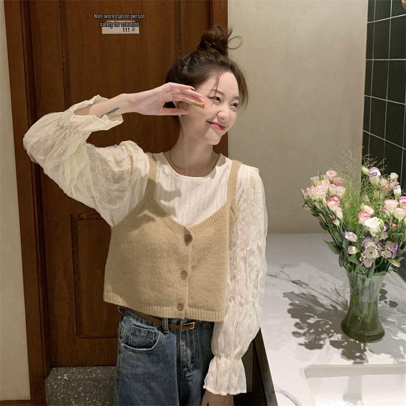 Autumn Energetic Girl Button-Up Cropped Vest & Versatile Shirt Set