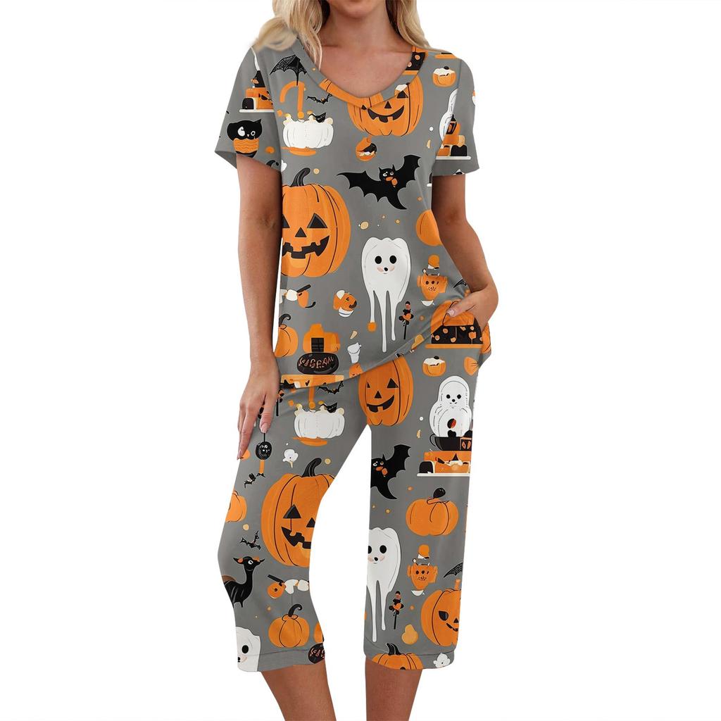 Dvoudílné soupravy pro ženy Krátký rukáv Top a Kalhoty s kapsami Cvičení Měkké Halloweenský potisk Soupravy