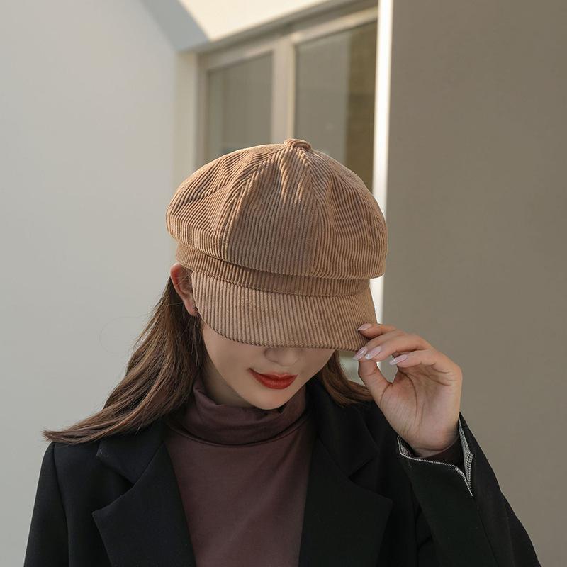 Chapéus de veludo cotelê para mulheres chapéu octogonal coreano vintage boina de lazer literária boné elegante simples chapéu de pintor quente moda