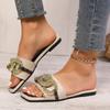Fashion Women's Fashion Flat Sandals Summer New Square Head Open Toe Metal Chain Soft Sole Anti-slip Wear-resistant Slippers