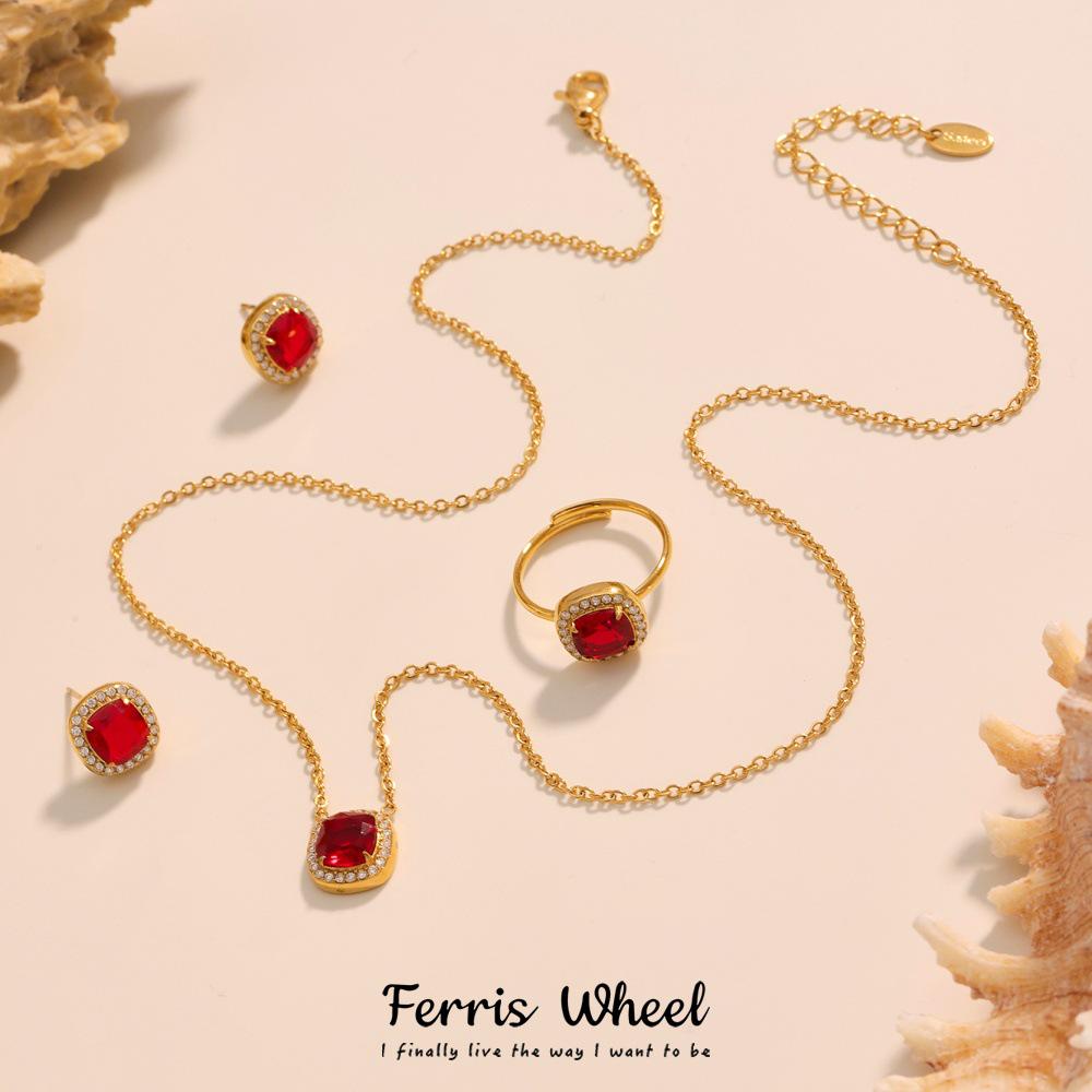 Stainless Steel Zircon Necklace, Ring & Earrings Set with Red Gemstones