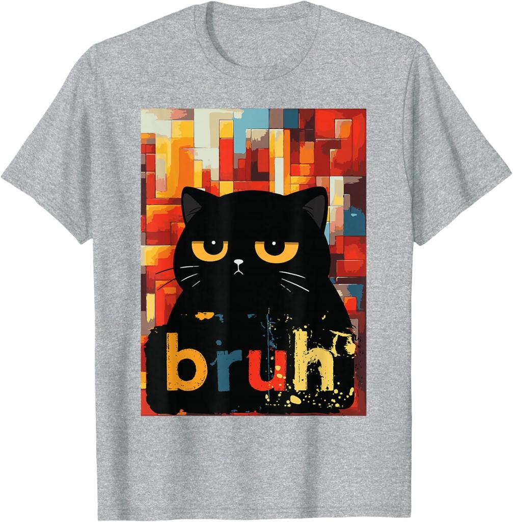 Bruh Black Cat Funny Meme Graphic TShirt Casual Short Sleeve Cotton Crew Neck Tee