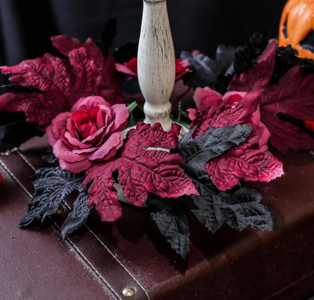 Halloween Artificial Rose Flowers Red&Black Silk Fake Maple Leaves Candlestick Wreath for Home Party Dining Table Candle Holders