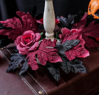 Halloween Artificial Rose Flowers Red&Black Silk Fake Maple Leaves Candlestick Wreath for Home Party Dining Table Candle Holders