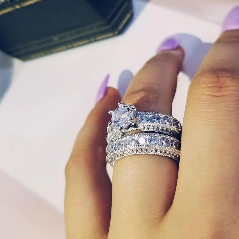 Huajie 2 pezzi/set Anelli Nuziali da Donna Scintillanti Completamente Pavimentati Intarsiati con Zirconi Brillanti Set Regalo per Festa Nuziale Tendenza