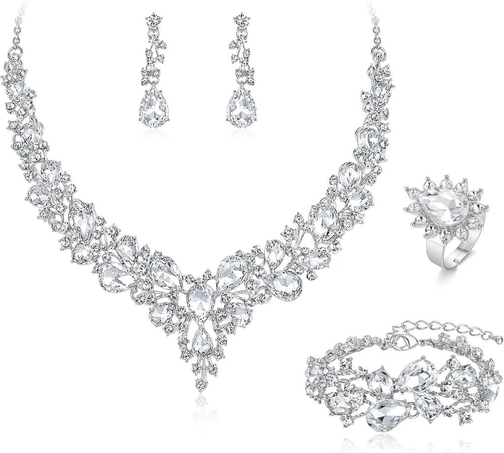 Set Colier Cercei Strass Cristal Mireasă Set Rochie Bal Banchet Doamne Set de Lux Patru Piese