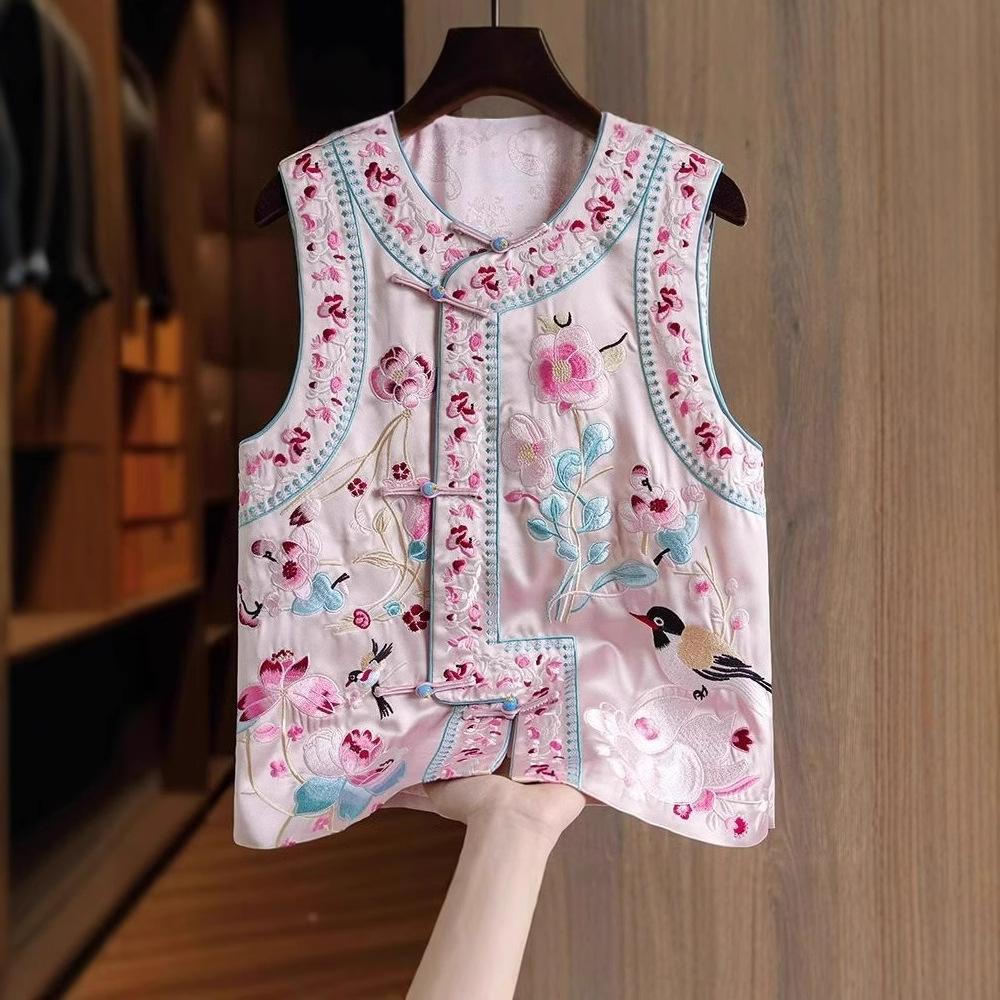 Dámský retro kardigan bez rukávů: Čínský styl s těžkou výšivkou a žabkovým zapínáním - Všestranná jarní/podzimní vesta