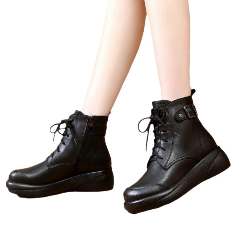 Women's Retro Chunky Sole Martin Boots Soft Leather Lace Up Ankle Boots with Buckle,Plush Lined for Autumn Winter,Round Toe Platform Booties