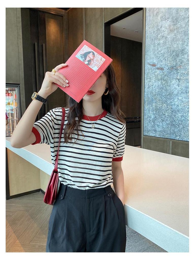 Ice Silk Women's Striped T-shirt, Short Sleeve, Plus Size, Korean Style, 2026 Summer Collection